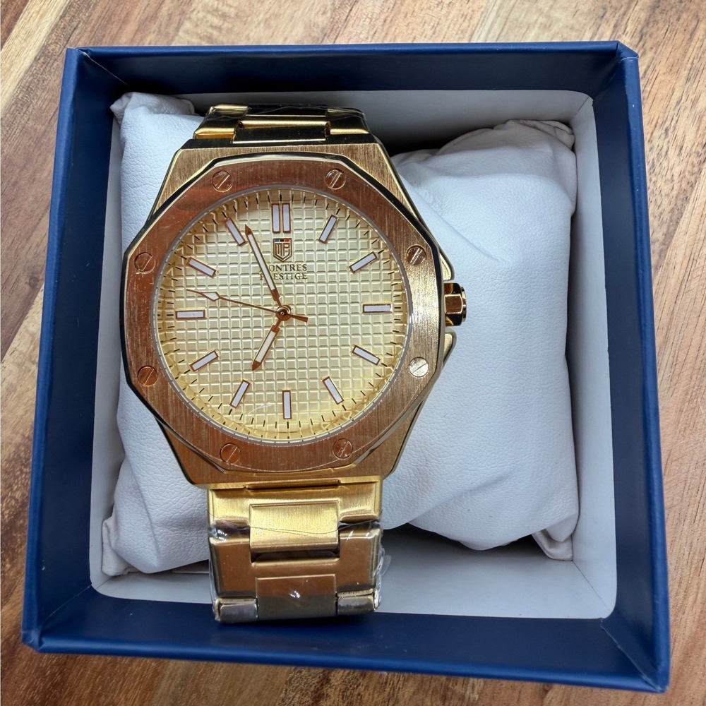 Montres Prestige MPW-0247 Gold Tone Waffle Dial Octagonal Bezel Watch 2437